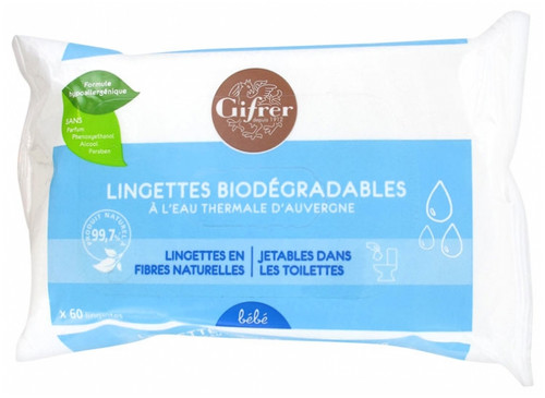 Gifrer Biodegradable Wipes with Thermal Water of Auvergne 60 Wipes