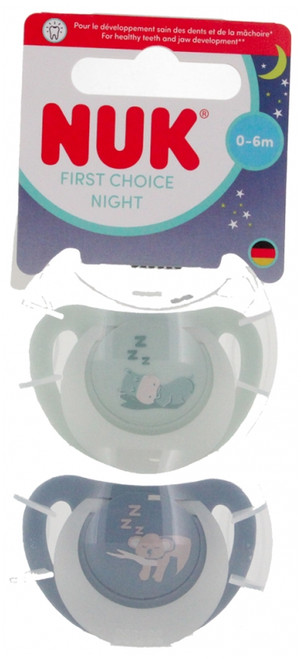 NUK First Choice Night 0-6 Months Silicone Pacifiers - Model: Hippopotamus/Koala