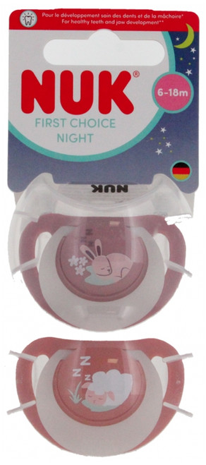 NUK First Choice Night Silicone Pacifiers 6-18 Months - Model: Rabbit/Sheep