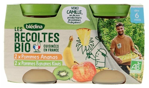 Blédina Les Récoltes Bio Apples Pineapples + Apples Bananas Kiwis from 6 Months Organic 4 Pots