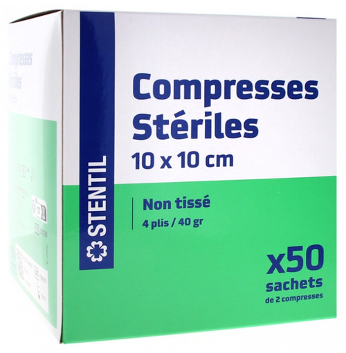 Stentil Non-Woven Sterile Compresses 50 Bags of 2 Compresses 10 x 10 cm ...