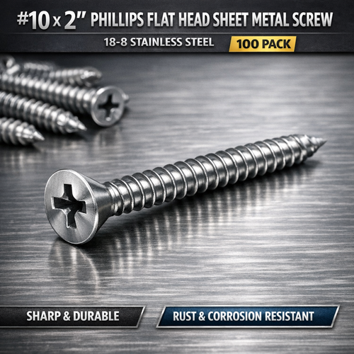 #10 x 2" Phillips Flat Head Sheet Metal Screw – 18-8 Stainless Steel (100 Pack)