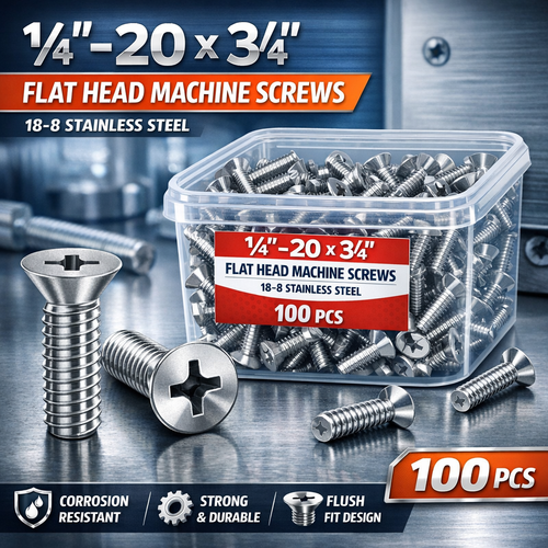 ¼"-20 x ¾” Flat Head Machine Screw – 18-8 Stainless (100 count)