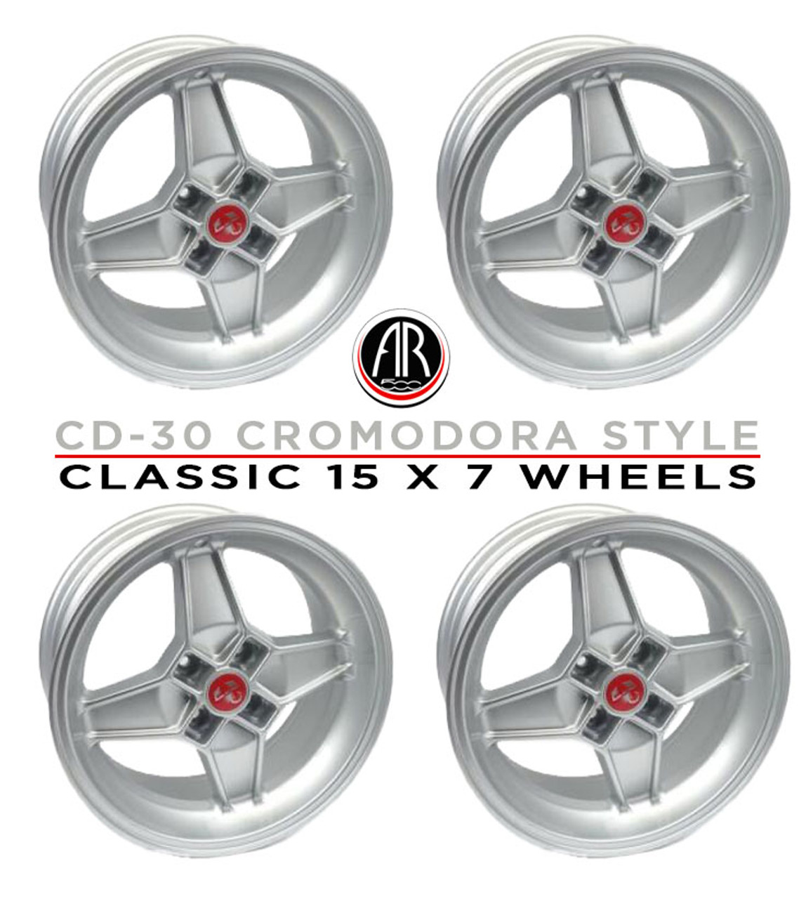 Auto Ricambi CD-30 15 x 7 style wheels, set of 4
FIAT 124 Spider, Sport Coupe, Spider 2000 and Pininfarina