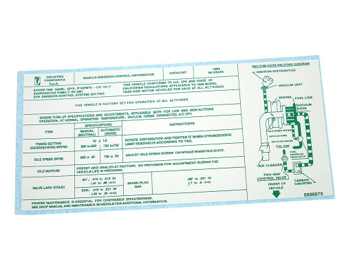 Vehicle emission control information cowl decal FIAT Pininfarina Spider - 1984 (50 State)  -  Auto Ricambi, RS0-169-S