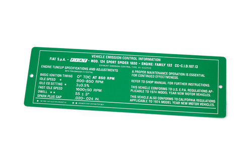 FIAT 124 Spider Vehicle Emission Plate - 1975 (RS0-165 ) - Auto Ricambi FIAT 124 Spider Vehicle Emission Plate - 1975 (RS0-165 ) - Auto Ricambi