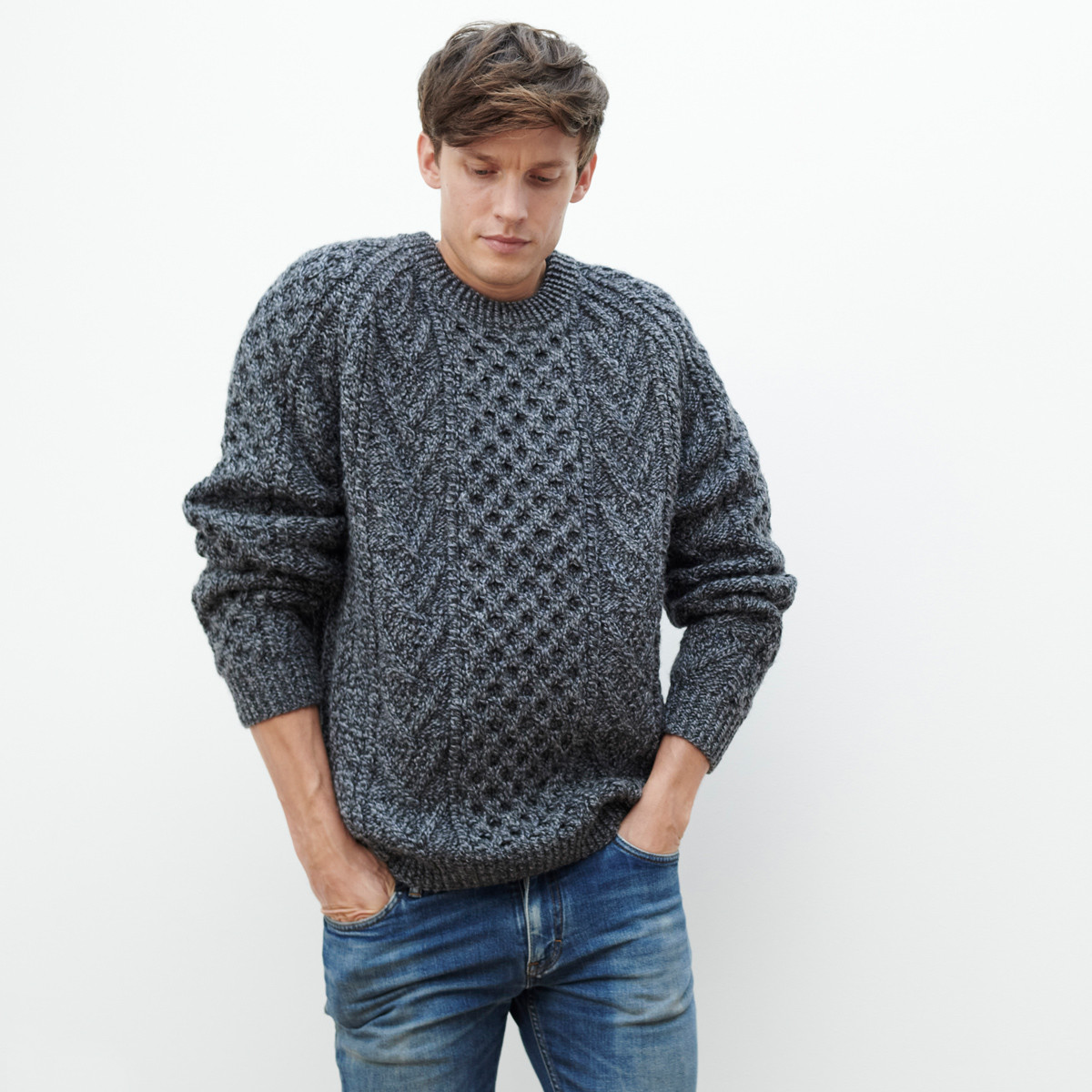 Aran Woollen Mills Traditional Hand-Knit Crew Neck Aran Sweater