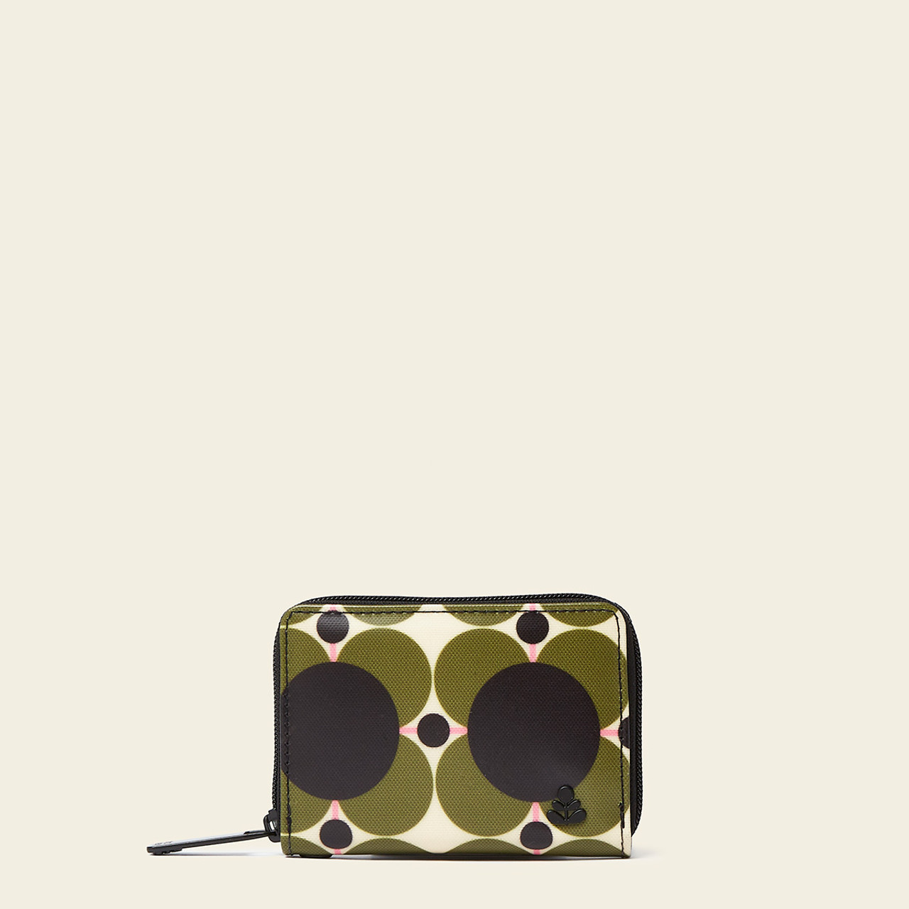 ORLA KIELY HANDBAG, patent green leather with snap front closure, fabric  lining and gold tone hardware 26cm x 22cm H x 11cm, together with matching  necklace and brooch, plus a Moschino zippered