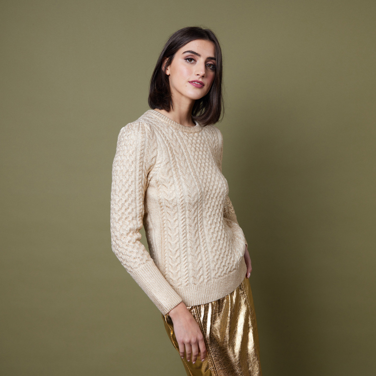 Cosmic Metallic Aran Jumper Gold | Kilkenny Design