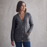 Valerie Horseshoe Cable Button Aran Cardigan grey