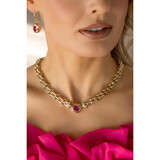 Gold Chunky Necklace with Oval Fuchsia Stone