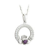 Birthstone Amethyst Silver Claddagh Pendant