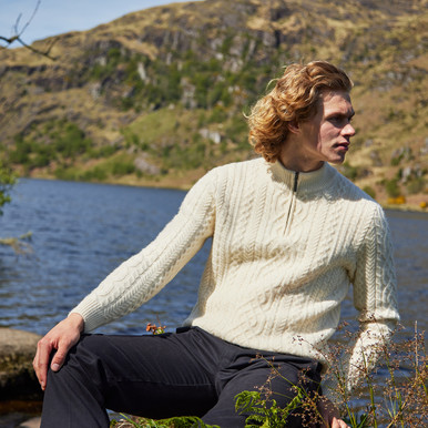 Martin Interlinking Cable Crew Neck Aran Sweater – Blue | Kilkenny 