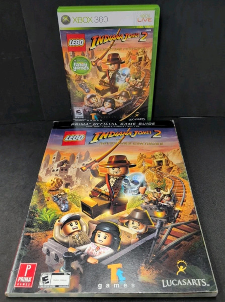Authentic Lego Indiana Jones 2 Xbox 360 game case disc and Prima game guide