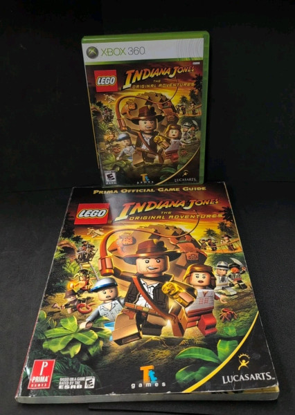 Authentic Lego Indiana Jones The Original Adventures Xbox 360 game case disc and Prima game guide