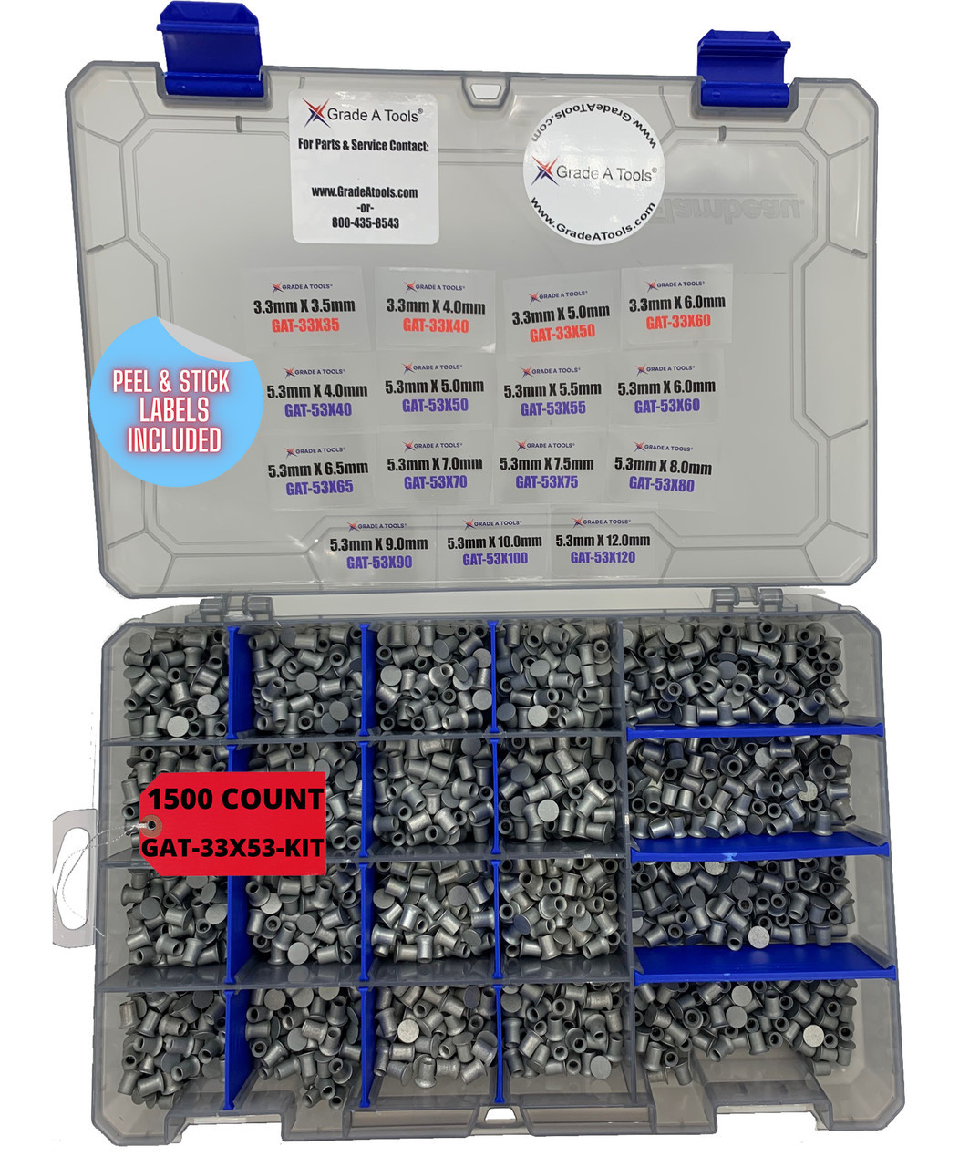 1500 Piece Aluminum Self Piercing Rivet Kit - 100 each of 15 Sizes with storage case GAT-33X53-KIT A