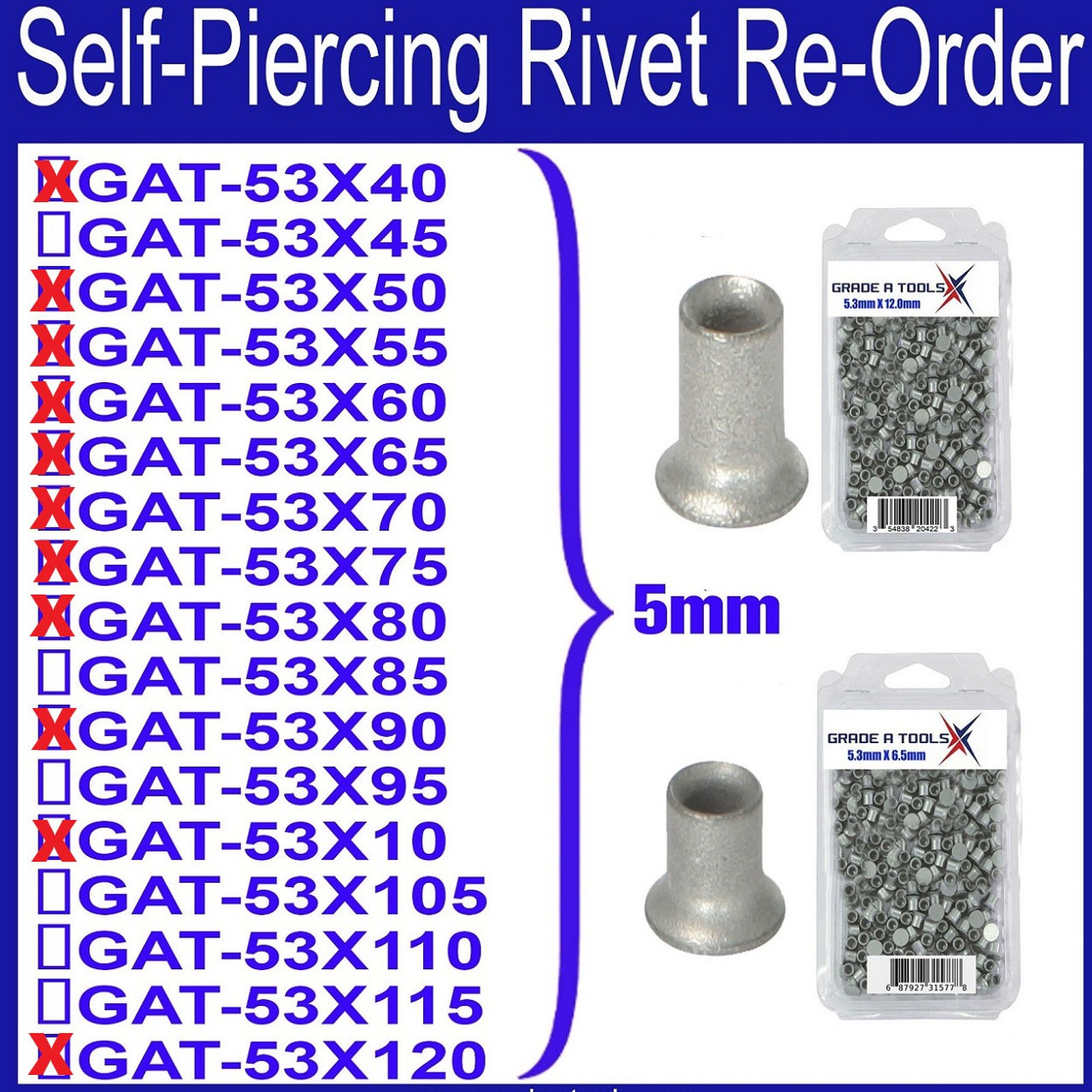 1500 Piece Aluminum Self Piercing Rivet Kit - 100 each of 15 Sizes with storage case GAT-33X53-KIT F