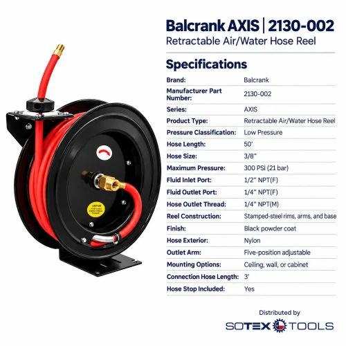 Close-up of the dispensing hose and hose stop on the Balcrank 2120-013 Classic oil hose reel.