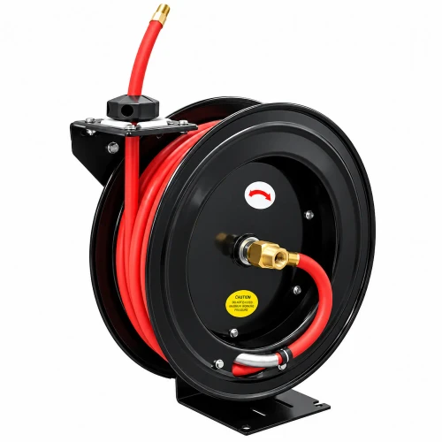 Balcrank 2130-002 AXIS air and water hose reel with 50-foot 3/8-inch hose and black steel frame.