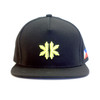 Kapwa Kultura Legacy Snapback hat front view showing embroidered Kapwa Kultura logo, Filipino streetwear snapback cap, black and yellow design