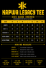 Kapwa Legacy Tee size guide featuring measurements for XS through 3XL, including length, chest, shoulder, sleeve length, and sleeve opening. Premium Filipino streetwear T-shirt made from 100% ring-spun cotton with 240 GSM heavyweight pre-shrunk fabric and a standard unisex fit.