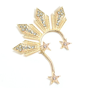 Gold Reyna Ear Cuff displayed against a clean white background, featuring an elegant statement design inspired by the Philippine three stars and sun. This bold right-ear cuff showcases a dramatic curved silhouette with a regal Filipina-inspired look, perfect for cultural styling, special occasions, and standout everyday wear.