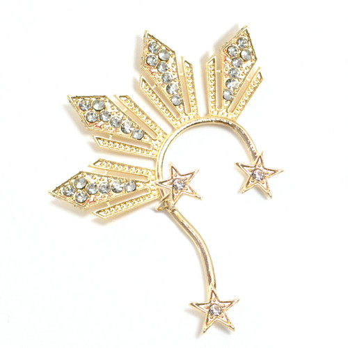 Gold Reyna Ear Cuff displayed against a clean white background, featuring an elegant statement design inspired by the Philippine three stars and sun. This bold right-ear cuff showcases a dramatic curved silhouette with a regal Filipina-inspired look, perfect for cultural styling, special occasions, and standout everyday wear.
