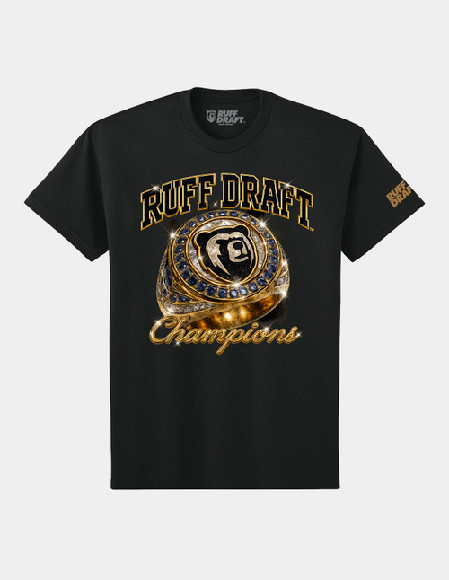 Ruff Draft Champions heavyweight black t-shirt with gold championship ring graphic front view