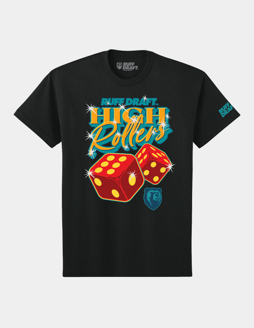 Ruff Draft High Rollers heavyweight black t-shirt with dice graphic front view