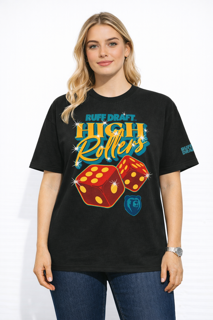 model wearing Ruff Draft High Rollers heavyweight black t-shirt with dice graphic