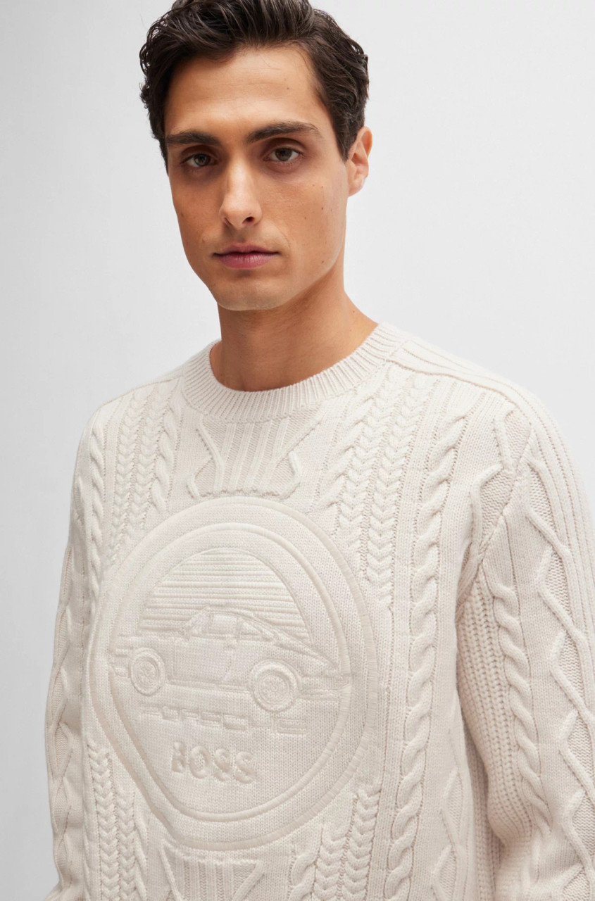 ★現行 Lサイズ★ HUGO BOSS チルデンニット 長袖 ケーブル 白 BOSS - Water-repellent cotton-blend sweater with zip neck - White