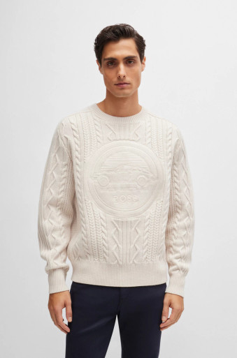 ★現行 Lサイズ★ HUGO BOSS チルデンニット 長袖 ケーブル 白 BOSS x PORSCHE SWEATER C-DIONEL 50519634 - HUGO BOSS NZ