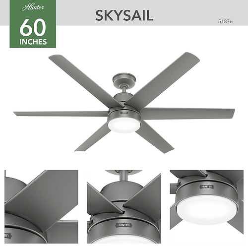 Hunter Fan 51876 | 60-inch Skysail Matte Silver WeatherMax Indoor / Outdoor Ceiling Fan with LED Light Kit and Wall Control