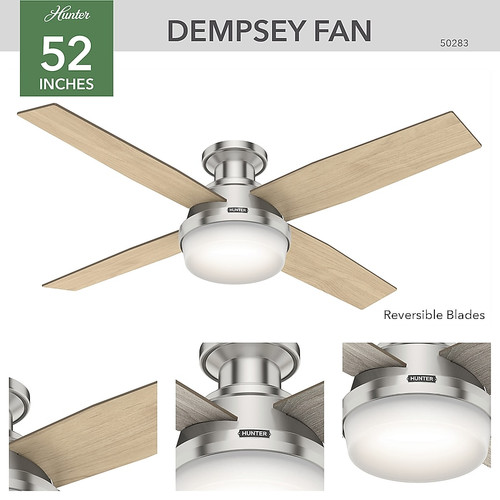 Hunter Fan 50283 | 52-inch Dempsey Brushed Nickel Low Profile Ceiling Fan with LED Light Kit and Handheld Remote