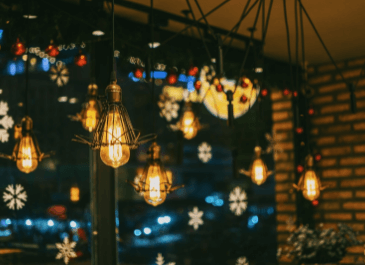 Warm vintage light bulbs set a cozy atmosphere for the holidays