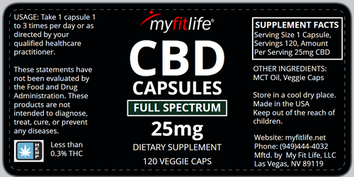 Label for 25mg FULL SPECTRUM CBD ESSENTIAL BLEND CAPSULES (25mg CBD per Capsule)