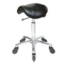 Saddle Black Salon Stool NO Back - Chrome Base - Click'n Clean Castor Wheels
