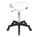 Saddle White Salon Stool NO Back - Black Base - Click'n Clean Castor Wheels