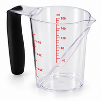 Clear Plastic Measuring Cup With Handle 200ml with black handle, red measurement markings and pouring spout