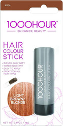 1000 Hour Hair Colour Stick packaging in Light Brown/Blonde, showing the product tube and key features such as blending away grey, water resistance, and easy application.