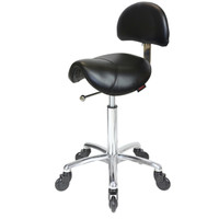Saddle Black Salon Stool with Back - Chrome Base - Click'n Clean Castor Wheels