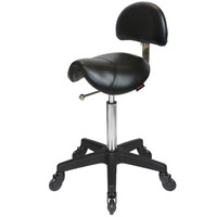 Saddle Black Salon Stool with Back - Black Base - Click'n Clean Castor Wheels