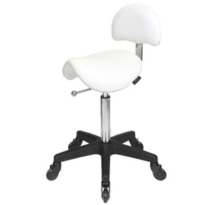 Saddle White Salon Stool with Back - Black Base - Click'n Clean Castor Wheels Saddle White Salon Stool with Back - Black Base - Click'n Clean Castor Wheels