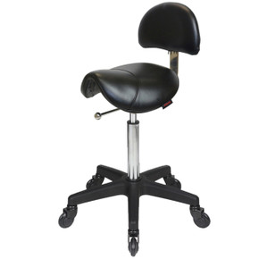 Saddle Black Salon Stool with Back - Black Base - Click'n Clean Castor Wheels Saddle Black Salon Stool with Back - Black Base - Click'n Clean Castor Wheels