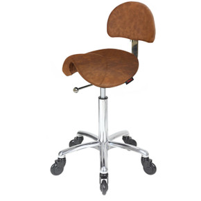 Saddle Tan Salon Stool with Back - Chrome Base - Click'n Clean Castor Wheels Saddle Tan Salon Stool with Back - Chrome Base - Click'n Clean Castor Wheels