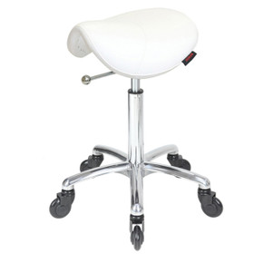 Saddle White Salon Stool NO Back - Chrome Base - Click'n Clean Castor Wheels Saddle White Salon Stool NO Back - Chrome Base - Click'n Clean Castor Wheels