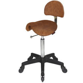 Saddle Tan Salon Stool with Back - Black Base - Click'n Clean Castor Wheels Saddle Tan Salon Stool with Back - Black Base - Click'n Clean Castor Wheels