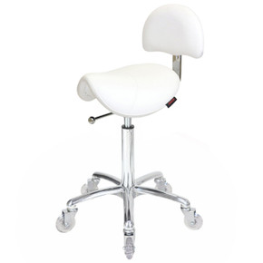 Saddle White Salon Stool with Back - Chrome Base Saddle White Salon Stool with Back - Chrome Base