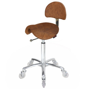Saddle with Back - Tan Salon Stool - Chrome Base Saddle with Back - Tan Salon Stool - Chrome Base