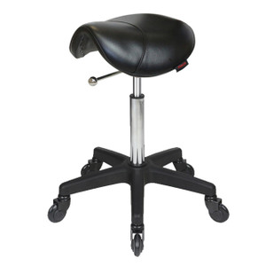 Saddle Black Salon Stool NO Back - Black Base - Click'n Clean Castor Wheels